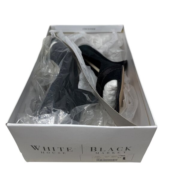 White House Black Market Vidal Black Suede Open Toe Curved Wedge Heels Size 6 - Picture 12 of 12